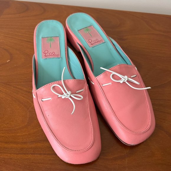 Lilly Pulitzer Pink Soft Leather Slides with White Trim White Bow Size 6.5 - Picture 2 of 4